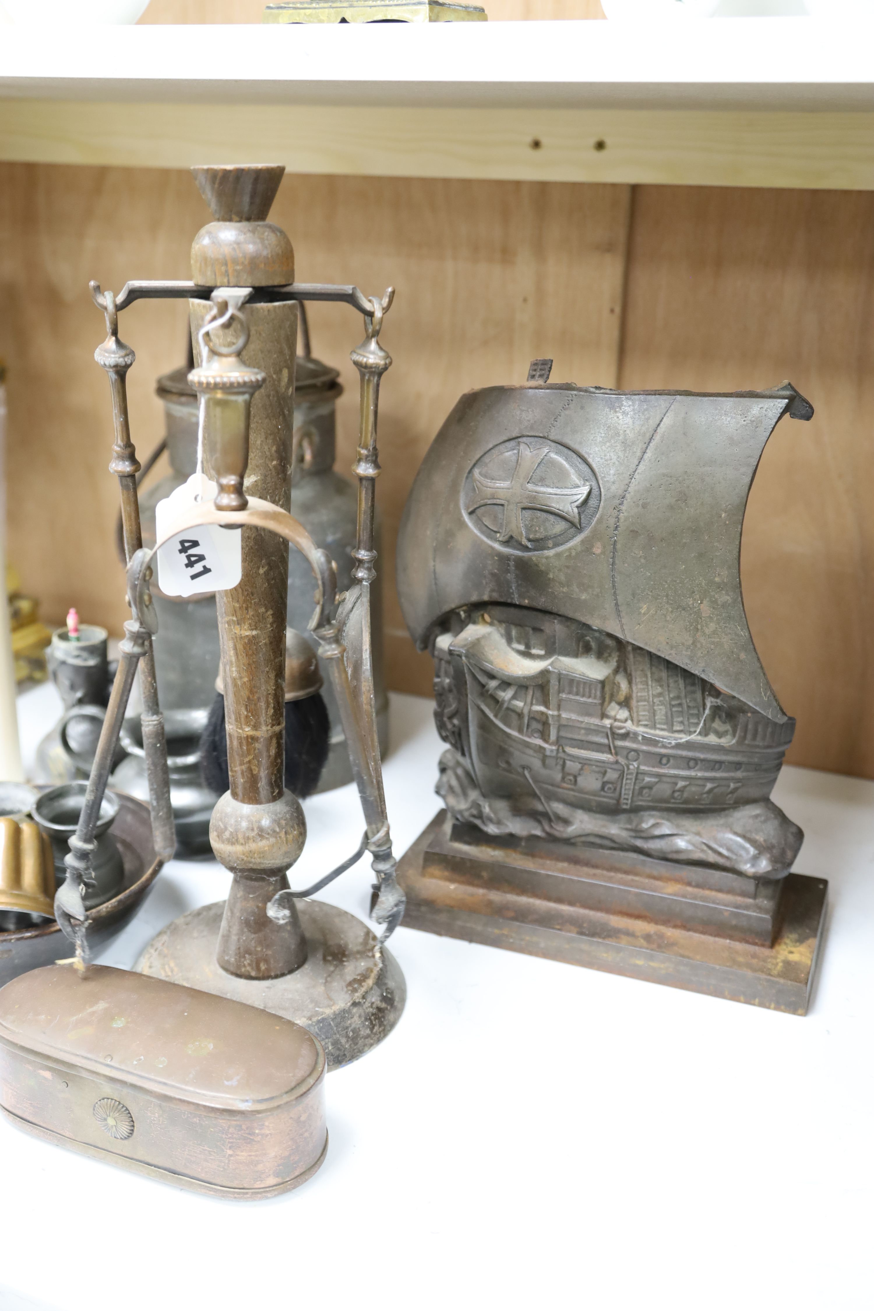 Assorted metalware including a copper tobacco box, a miniature jelly mould, etc